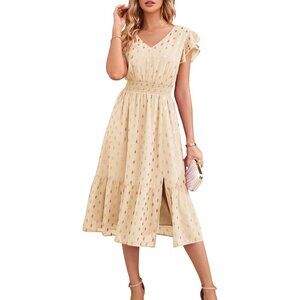 Women's V Neck Ruffle Sleeve Summer Dress 2024 Split Flowy Tiered Midi Dress